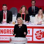 Magdalena Andersson pronuncia su discurso de agradecimiento tras ser elegida nueva líder del Partido Socialdemócrata Sueco, esta tarde en Gotemburgo