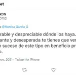 Uno de los tuits tildando de miserable a la portavoz de Más Madrid