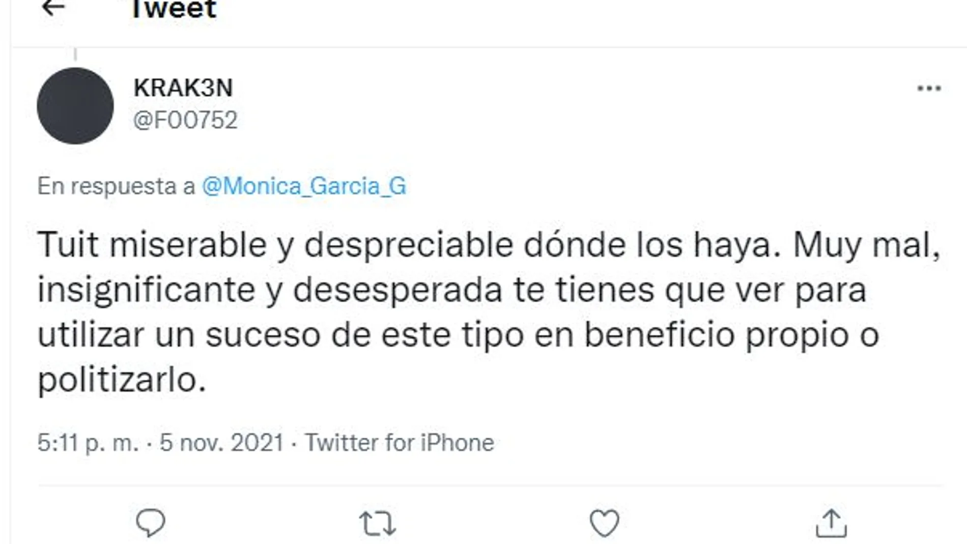Uno de los tuits tildando de miserable a la portavoz de Más Madrid