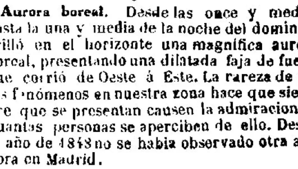 Breve publicado en La Iberia el 31 de agosto de 1859 en el que se informa de la aurora boreal divisada en el cielo de la capital como consecuencia de la tormenta solar