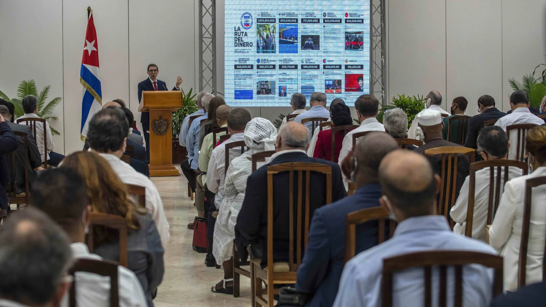 Cuban Foreign Minister Bruno Rodriguez speaks to foreign diplomats in Havana, Cuba, Wednesday, Nov. 10, 2021. The Cuban Foreign Ministry summoned hundreds of foreign diplomats to a meeting and accused the U.S. government of instigating a planned opposition demonstration that local authorities have banned. (AP Photo/Ramon Espinosa)