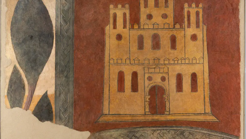 Fresco que muestra el pendón rojo de Castilla en la antigua abadía benedictina de San Pedro de Arlanza (Burgos), conservado en el MNAC