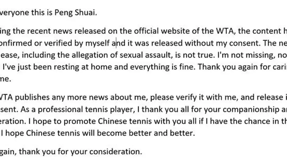 CGTN tweets an email allegedly sent by Peng Shuai to Women's Tennis Association (WTA) Chairman and CEO Steve Simon in this screengrab obtained via social media on November 18, 2021. CGTN/Twitter via REUTERS ATTENTION EDITORS ? THIS IMAGE HAS BEEN SUPPLIED BY A THIRD PARTY. MANDATORY CREDIT.
