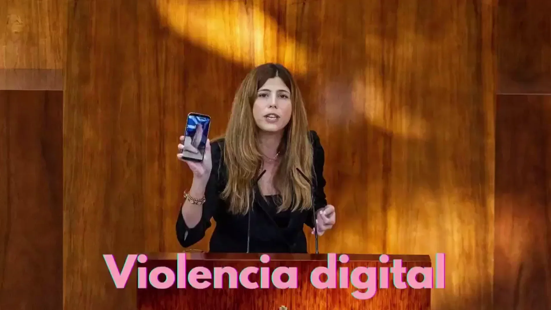 Loreto Arenillas muestra una "fotopene" enviada a su teléfono en la Asamblea de Madrid