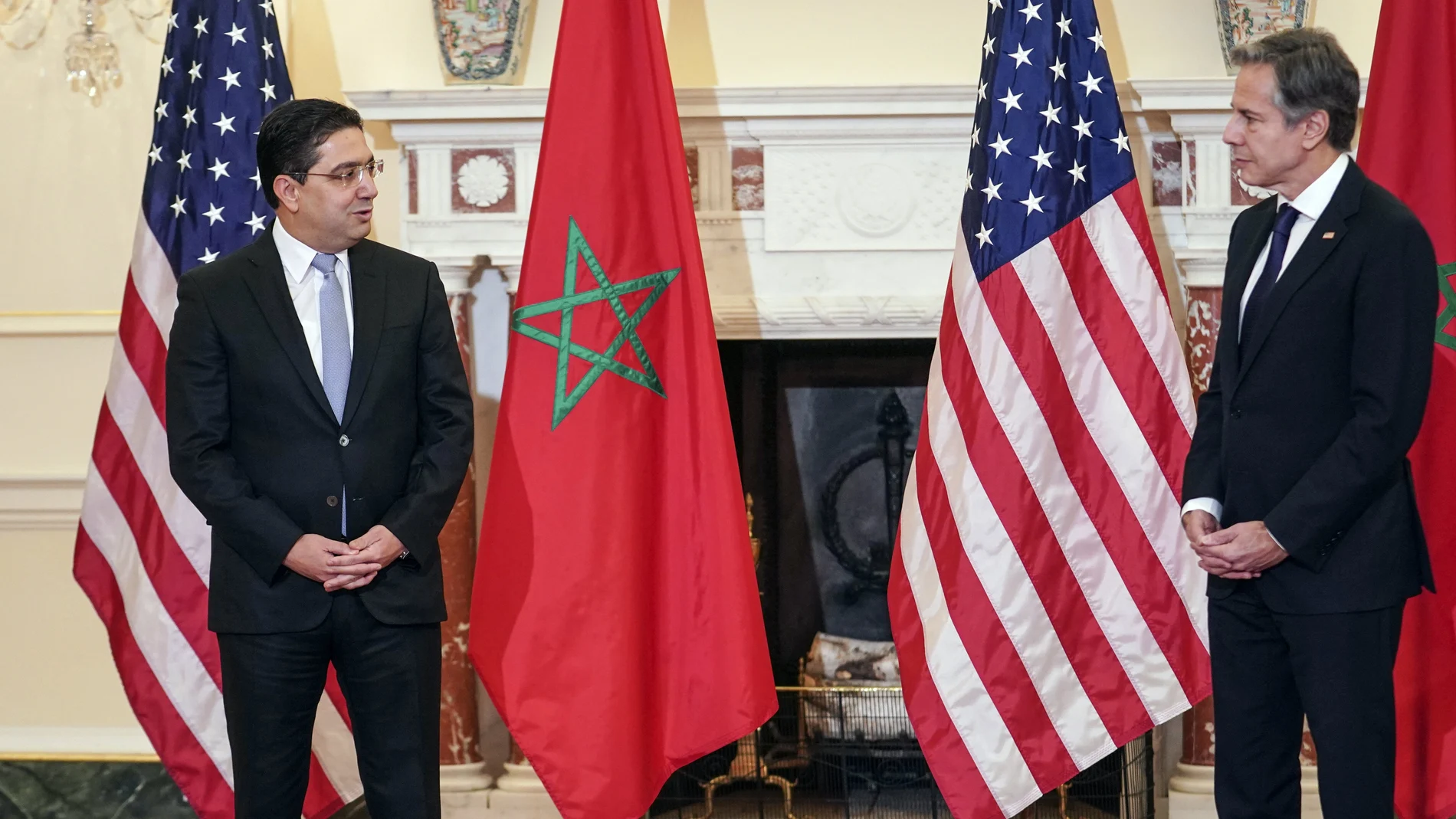 El ministro de Exteriores marroquí Nasser Bourita con Anthony Blinken, en la Casa Blanca