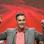 El presidente del Gobierno, Pedro Sánchez, interviene durante el acto de clausura del 14 Congreso Nacional del PSdG-PSOE