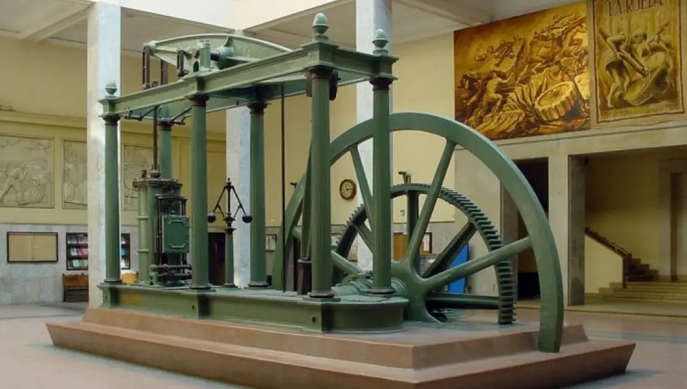 Versión tardía de una máquina de vapor de Watt de doble efecto, construida por D. Napier & Son (Londres) en 1859, expuesta en el vestíbulo de la Escuela Técnica Superior de Ingenieros Industriales de la UPM (Madrid).