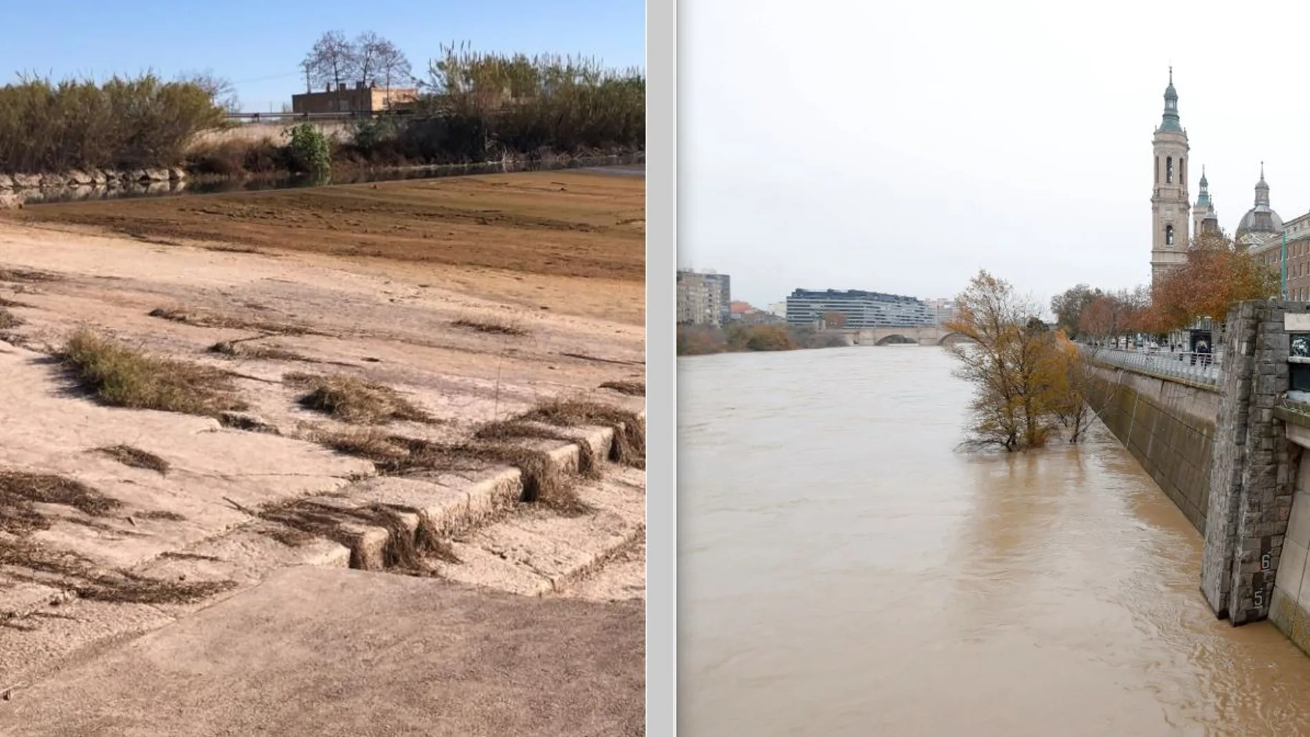A la izquierda, la imagen del río Júcar, seco en la desembocadura y a la derecha, el Ebro a su paso por Zaragoza