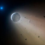 Recreación artística de un asteroide siendo desintegrado por la gravedad de una estrella enana blanca.