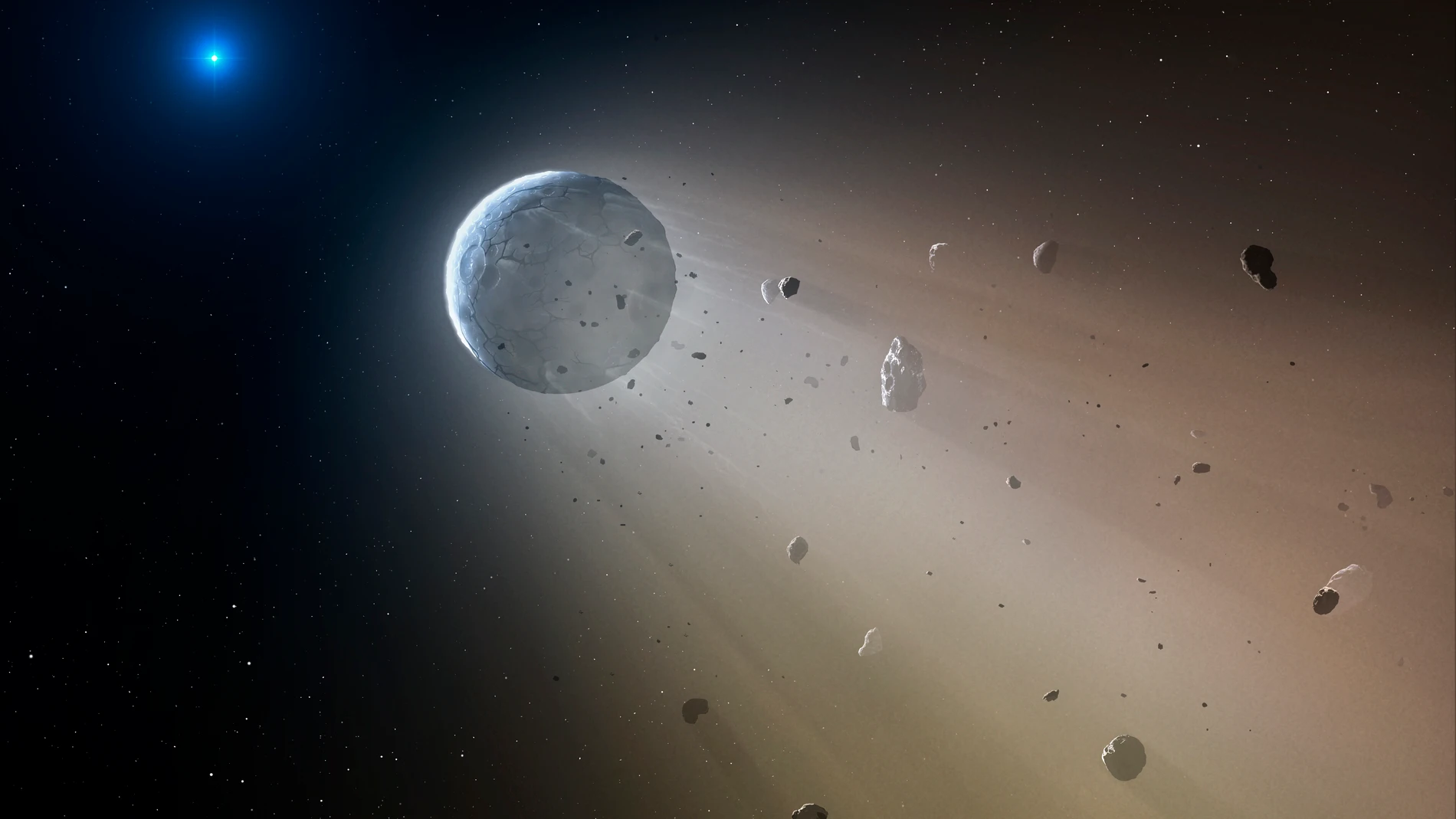 Recreación artística de un asteroide siendo desintegrado por la gravedad de una estrella enana blanca.