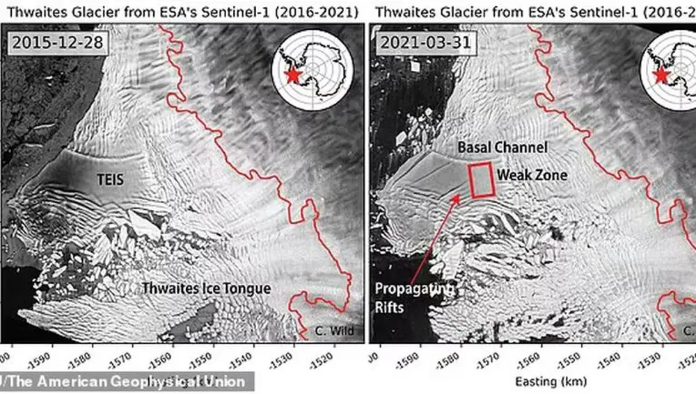 Imágenes satélite de la grieta descubierta en el &quot;glaciar del Juicio Final&quot;