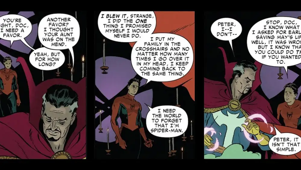 Spider-Man pide ayuda al doctor Extraño en su casa de Greenwich Village en Spider-Man: One more day.