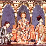 Alfonso X junto a su corte en una ilustración medieval perteneciente al &quot;Libro de los juegos&quot;