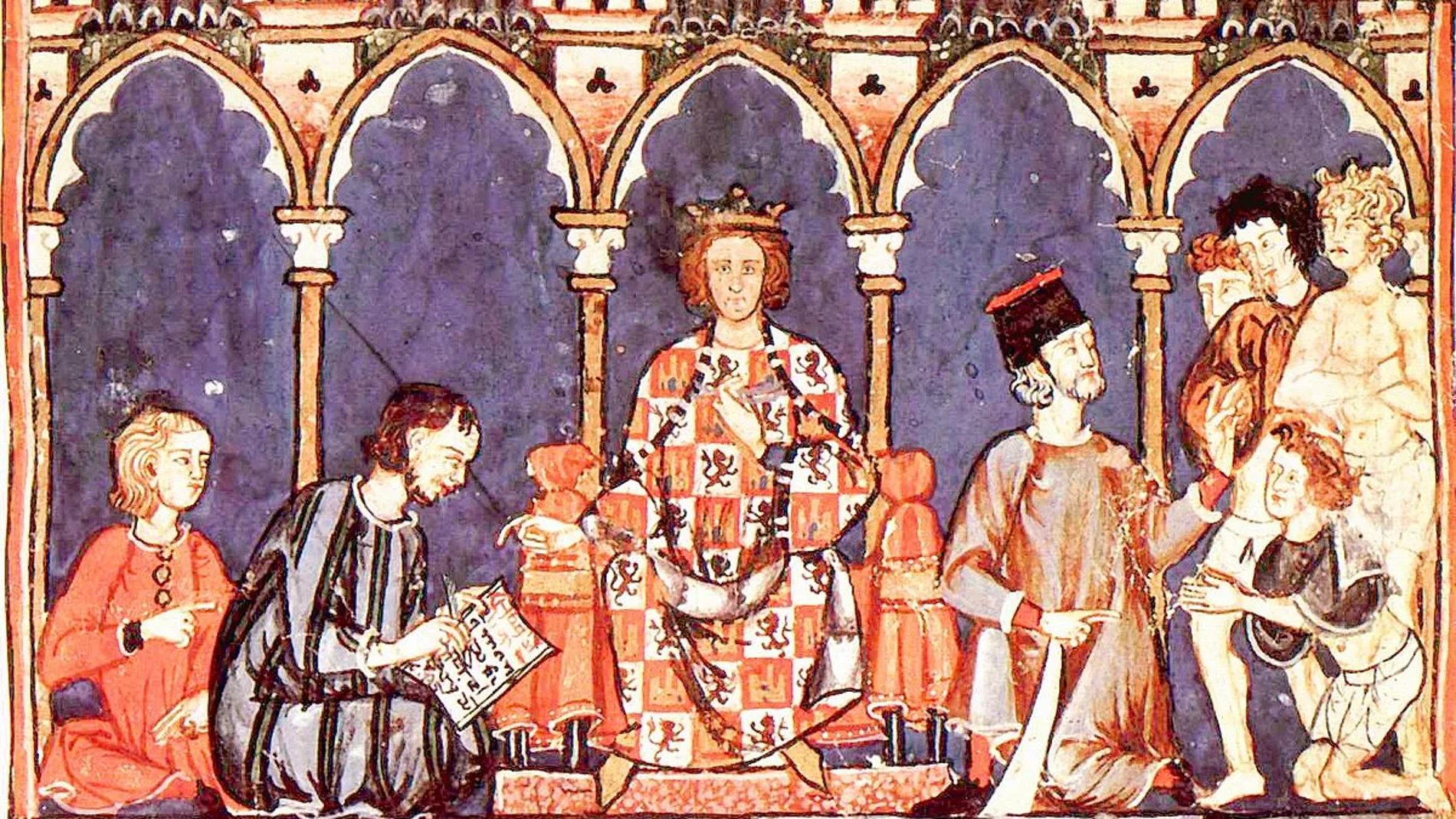 Alfonso X junto a su corte en una ilustración medieval perteneciente al "Libro de los juegos"