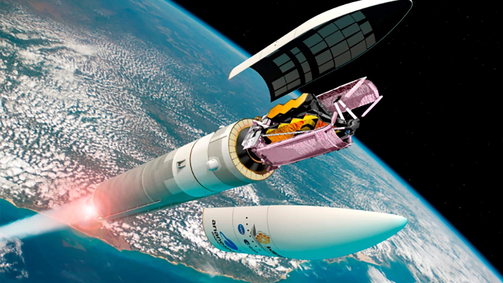 GRAF9684. MADRID, 20/12/2021.- Impresión artística del telescopio espacial James Webb separándose del cohete Ariane 5 tras el lanzamiento desde el puerto espacial europeo en la Guayana francesa. En los últimos 30 años, el Hubble no solo ha revolucionado la investigación astrofísica, también nos ha dejado impresionantes imágenes del universo. Ahora es el turno del James Webb, una 'máquina del tiempo' que sondeará regiones del cosmos inaccesibles hasta ahora, gracias a tecnología con sello español. EFE/ESA / D. Ducros SOLO USO EDITORIAL/SOLO DISPONIBLE PARA ILUSTRAR LA NOTICIA QUE ACOMPAÑA (CRÉDITO OBLIGATORIO)