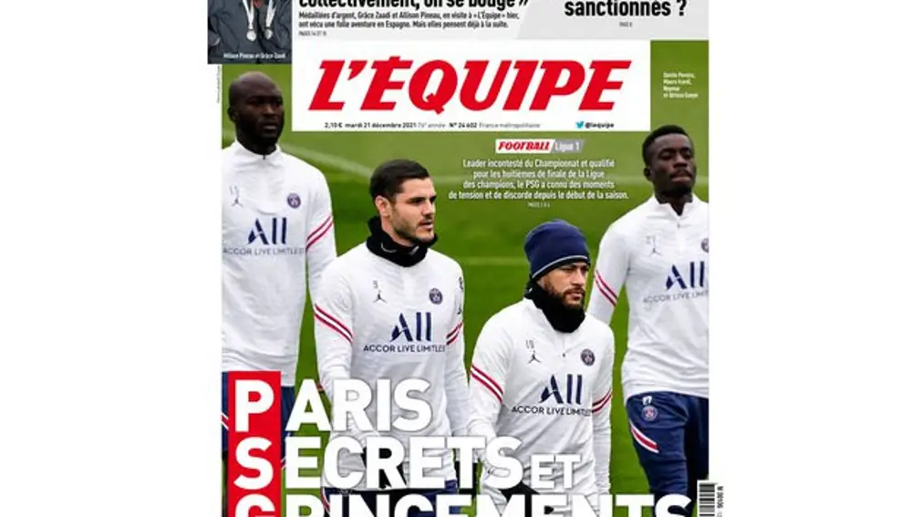 Portada del diario 'L'Equipe' en el que se desvelan las “tensiones internas, clanes y privilegios&quot; en el PSG.