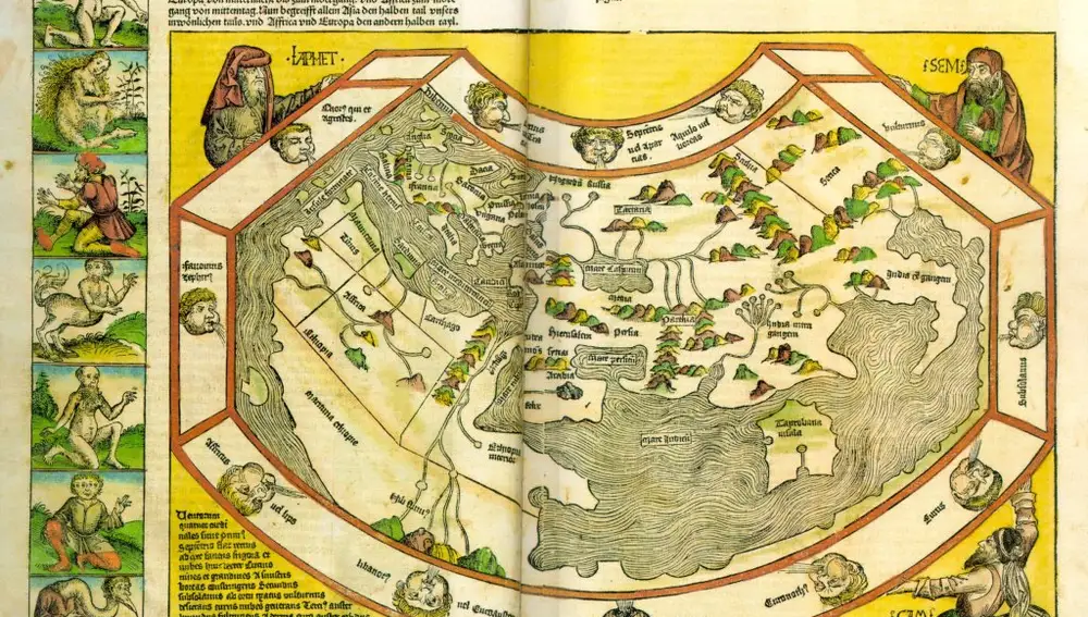 Mapa de Las Crónicas de Nuremberg donde aparecen representados los tres hijos de Noé y &quot;siete razas monstruosas&quot;.