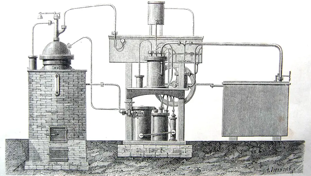 Diseño de máquina para crear hielo que empleaba el sistema de Ferdinand Carré.