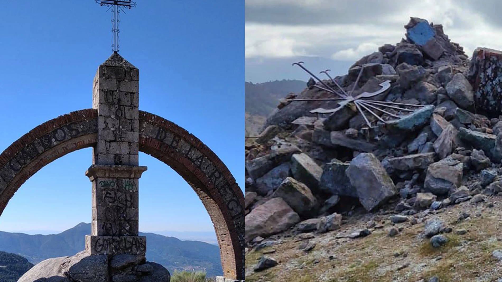 El antes y después del monumento a los caídos que se levantaba en el Puerto del Pico, a 1.352 metros de altitud