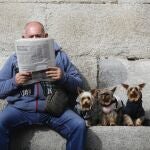 Imagen de un hombre leyendo el periódico en una plaza de La Latina, junto a sus tres perros.