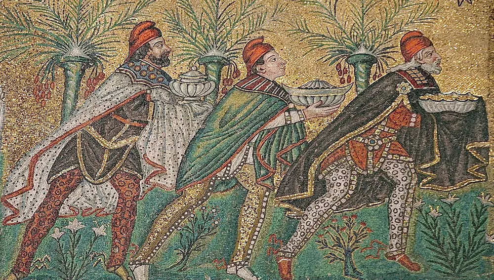 Primer mosaico que indica los nombres de los tres magos, en la Basílica de San Apolinar el Nuevo (Rávena).