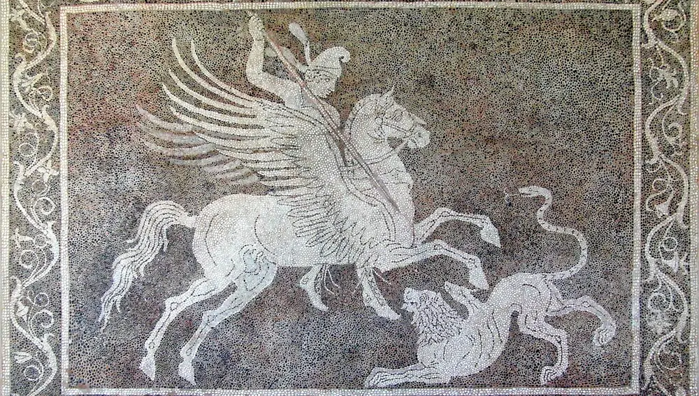 Mosaico de Belerofonte matando a la Quimera | Fuente: Museo Arqueológico de Rodas