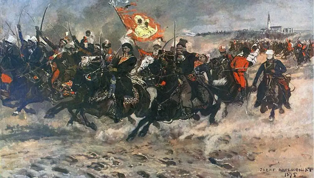 Carga de caballería de Pulaski en Częstochowa (Polonia) | Cuadro de Józef Chełmoński (1875)