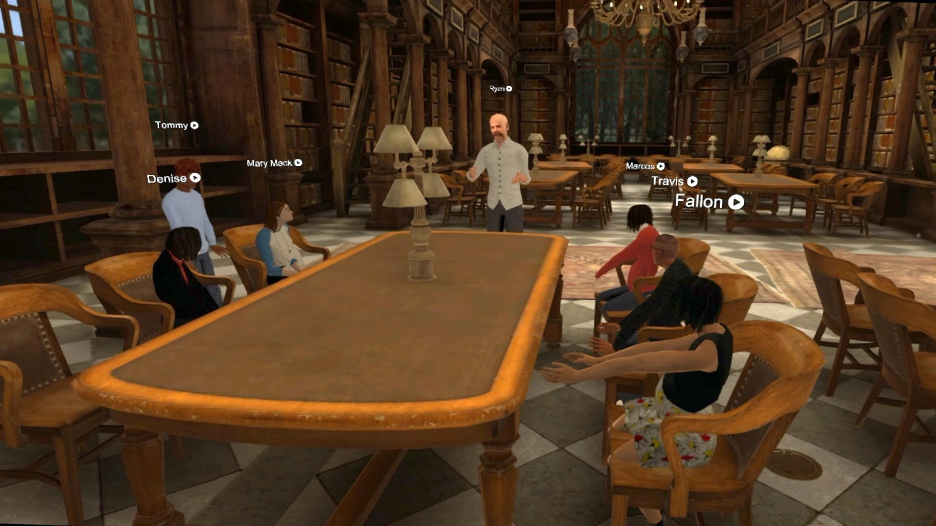 Fotografía cedida por Optima Classical Academy a EFE que muestra una de sus clases de realidad virtual 3D donde aparece un profesor mientras imparte su clase a unos alumnos en la Biblioteca de Oxford.