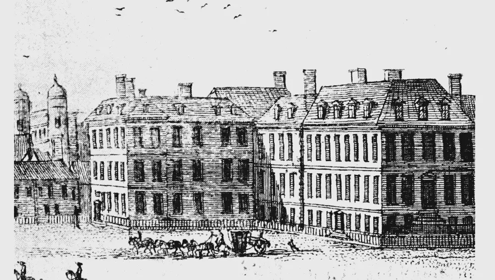 Downing Street en un dibujo en 1720