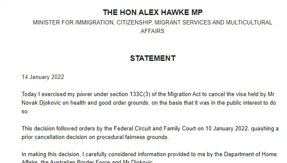 Comunicado del ministro de Inmigración de Australia, Alex Hawke, en el que notifica la retirada del visado a Novak Djokovic.