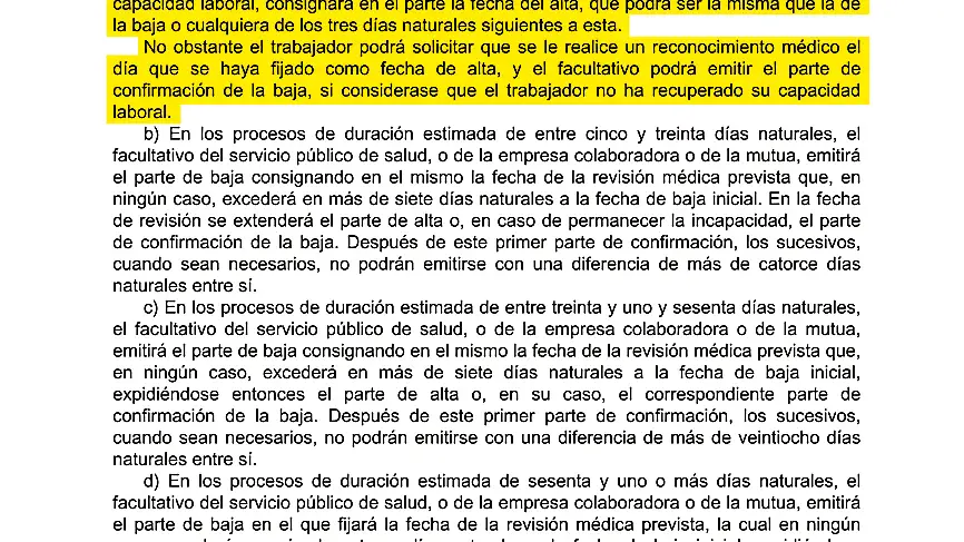 Reproducción de la norma que limita a un máximo de cinco días los procesos en los que se puede simultanear alta y baja