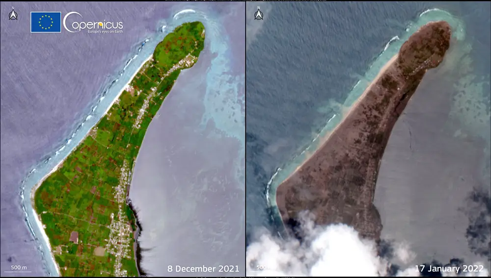 Una foto del satélite Copernicus muestra el impacto de la erupción volcánica en Tonga el pasado 8 de diciembre
