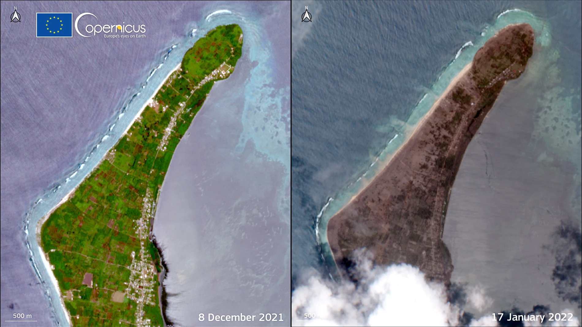 Una foto del satélite Copernicus muestra el impacto de la erupción volcánica en Tonga el pasado 8 de diciembre