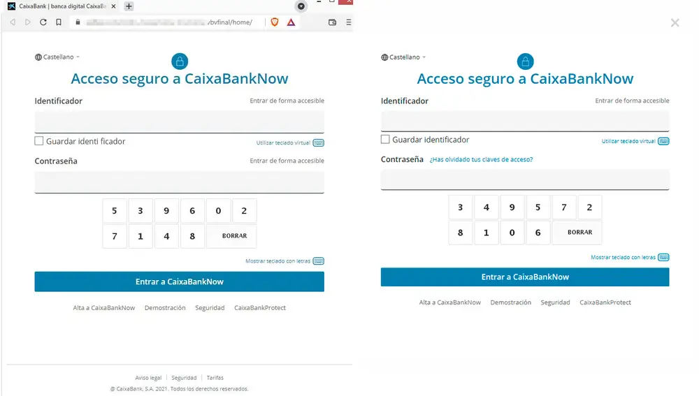A la izquierda, la web falsa que suplanta a CaixaBank. A la derecha, la web legítima de Caixbank.