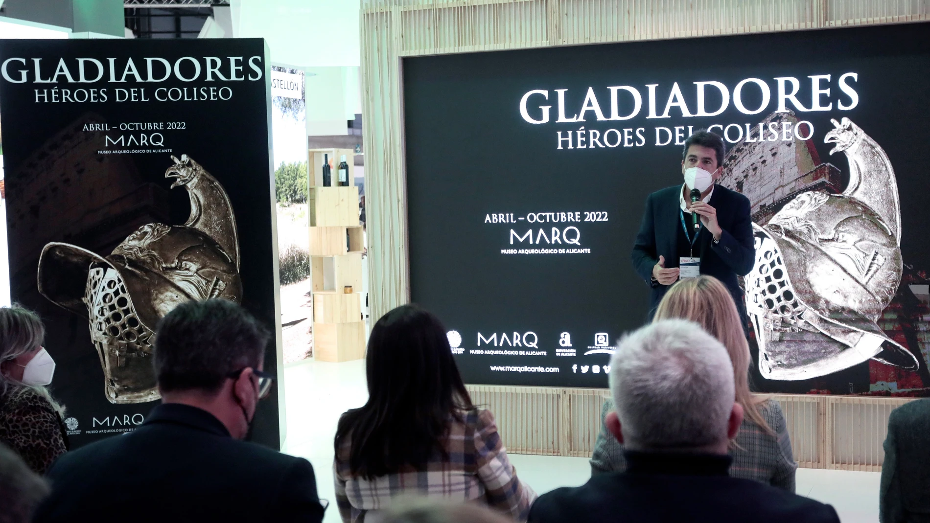 El presidente de la Diputación de Alicante, Carlos Mazón, interviene en la presentación de la próxima exposición del Museo Arqueológico de Alicante (MARQ), "Gladiadores. Héroes del Coliseo" en el stand de la Comunitat Valenciana de FITUR