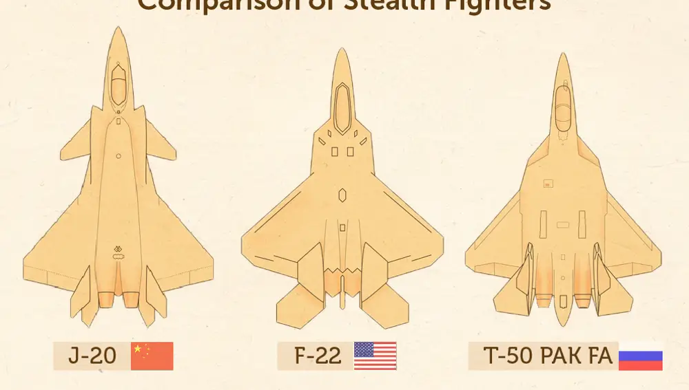 Comparativa de tamaña de los cazas J-20, F-22 y T-50 PAK FA