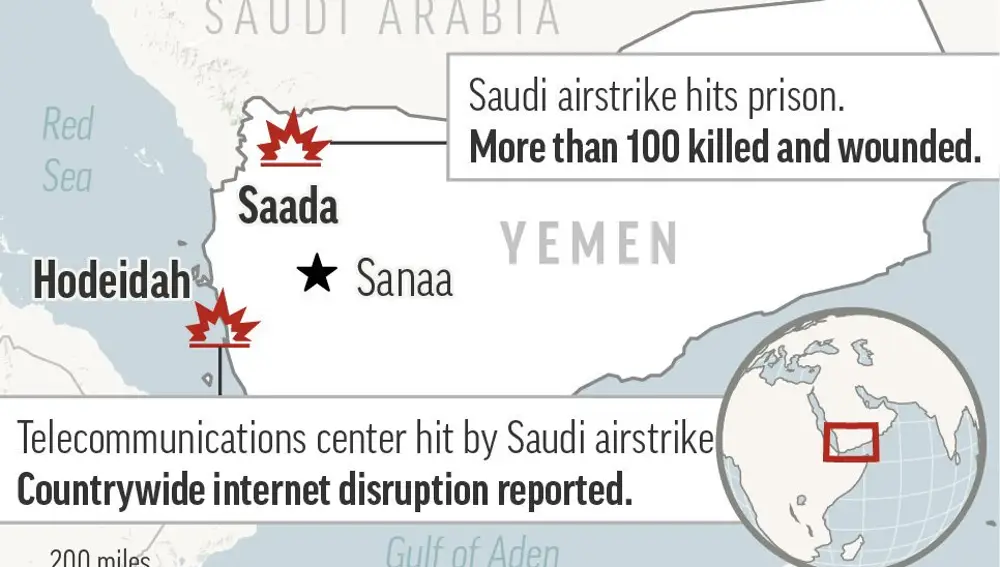 Map locates two Saudi airstrikes in Yemen. One striking a prison in the northwest city of Saada and the other in the western port city of Hodeidah, where a telecommunications hub was struck, crippling the countryâ€™s internet access