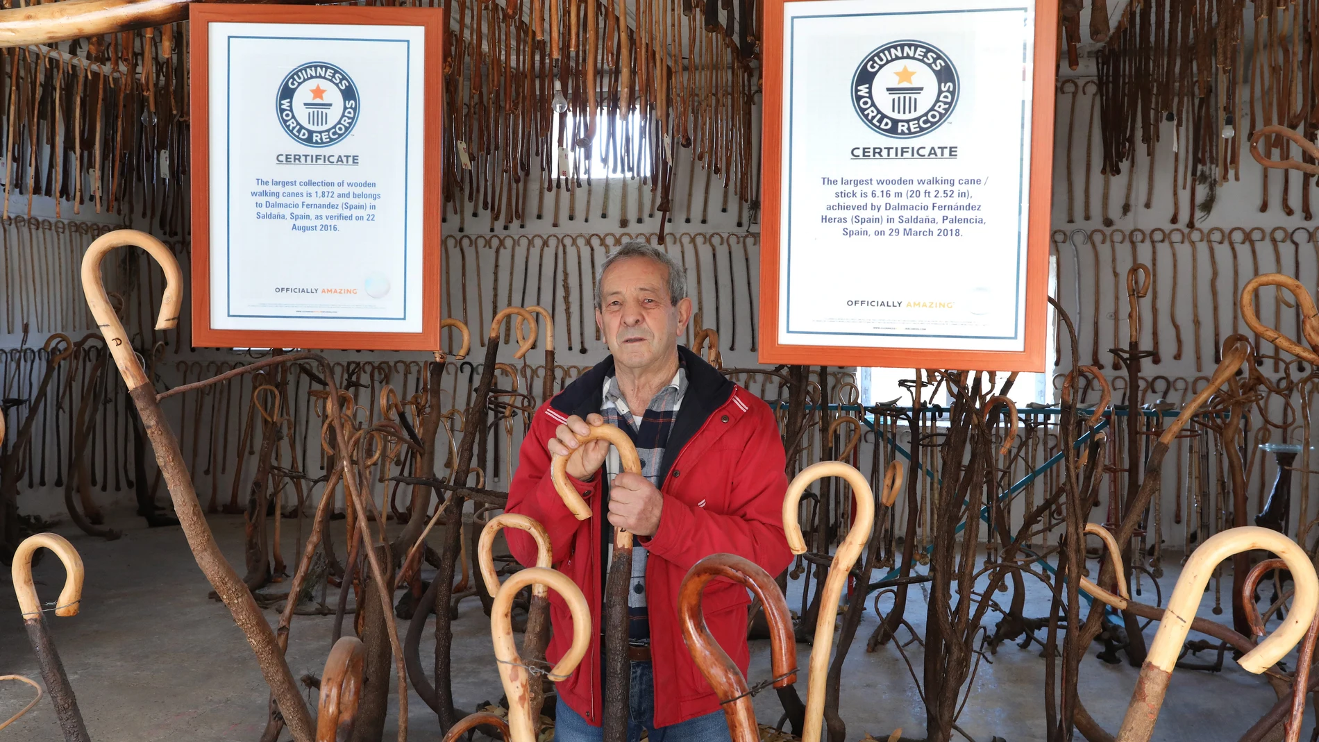 Dalmacio Fernández en el local donde guarda la colección de más de 2.500 cachabas en Saldaña (Palencia)