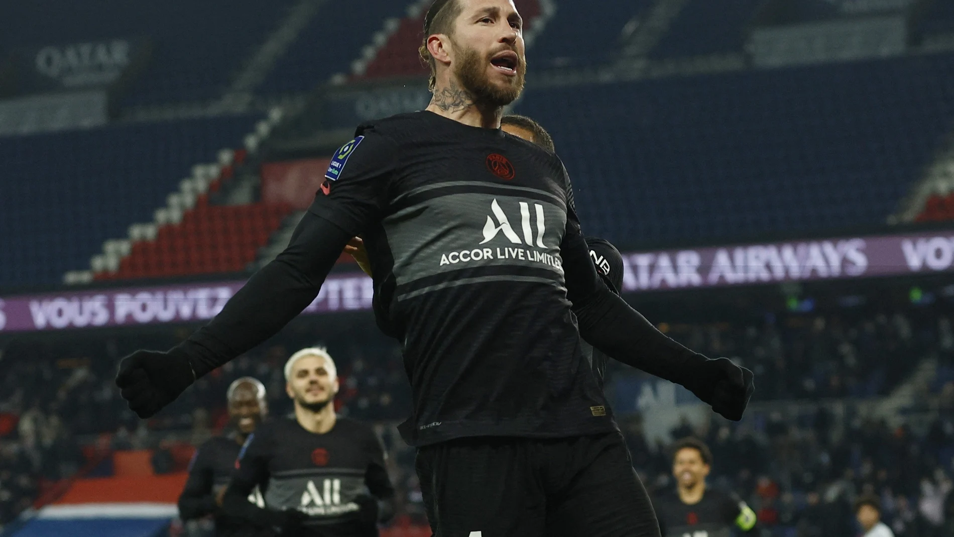 Sergio Ramos celebra su gol contra el Reims.