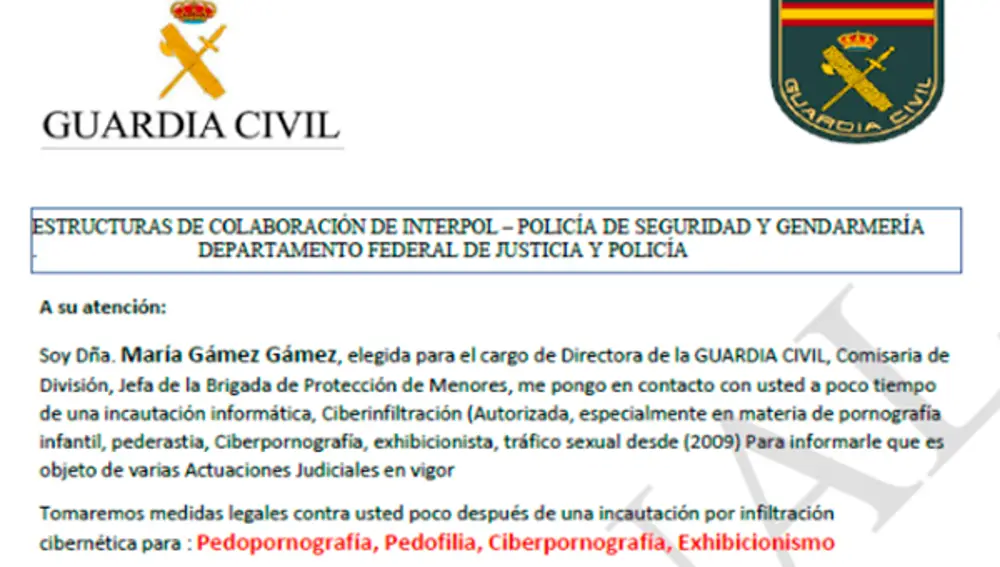 Encabezamiento del PDF adjunto a los &quot;mails&quot; fraudulentos en el que los cibercriminales suplantan la identidad de María Gámez, directora de la Guardia Civil.