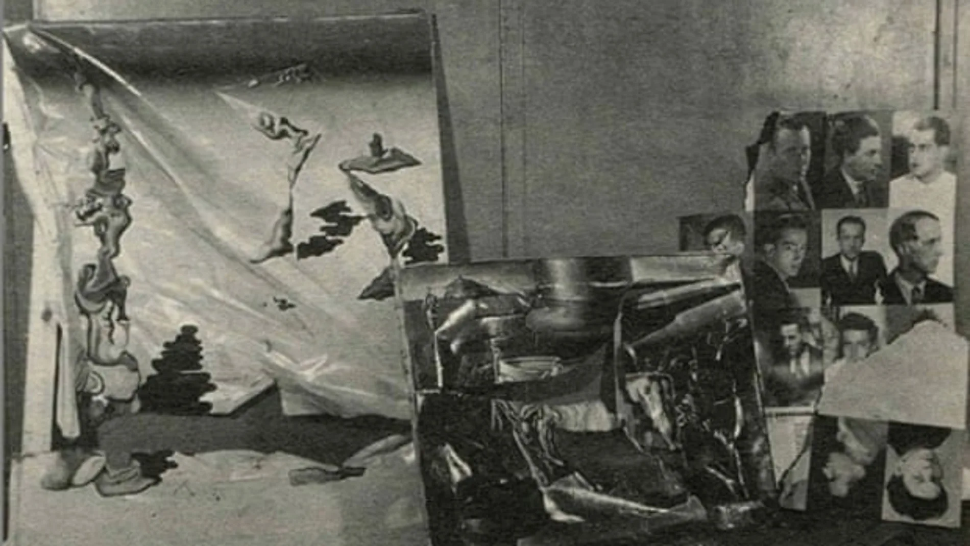 "Fraude en el jardín", de Tanguy, a la izquierda, fotografiado con otras obras destrozadas tras el ataque fascista