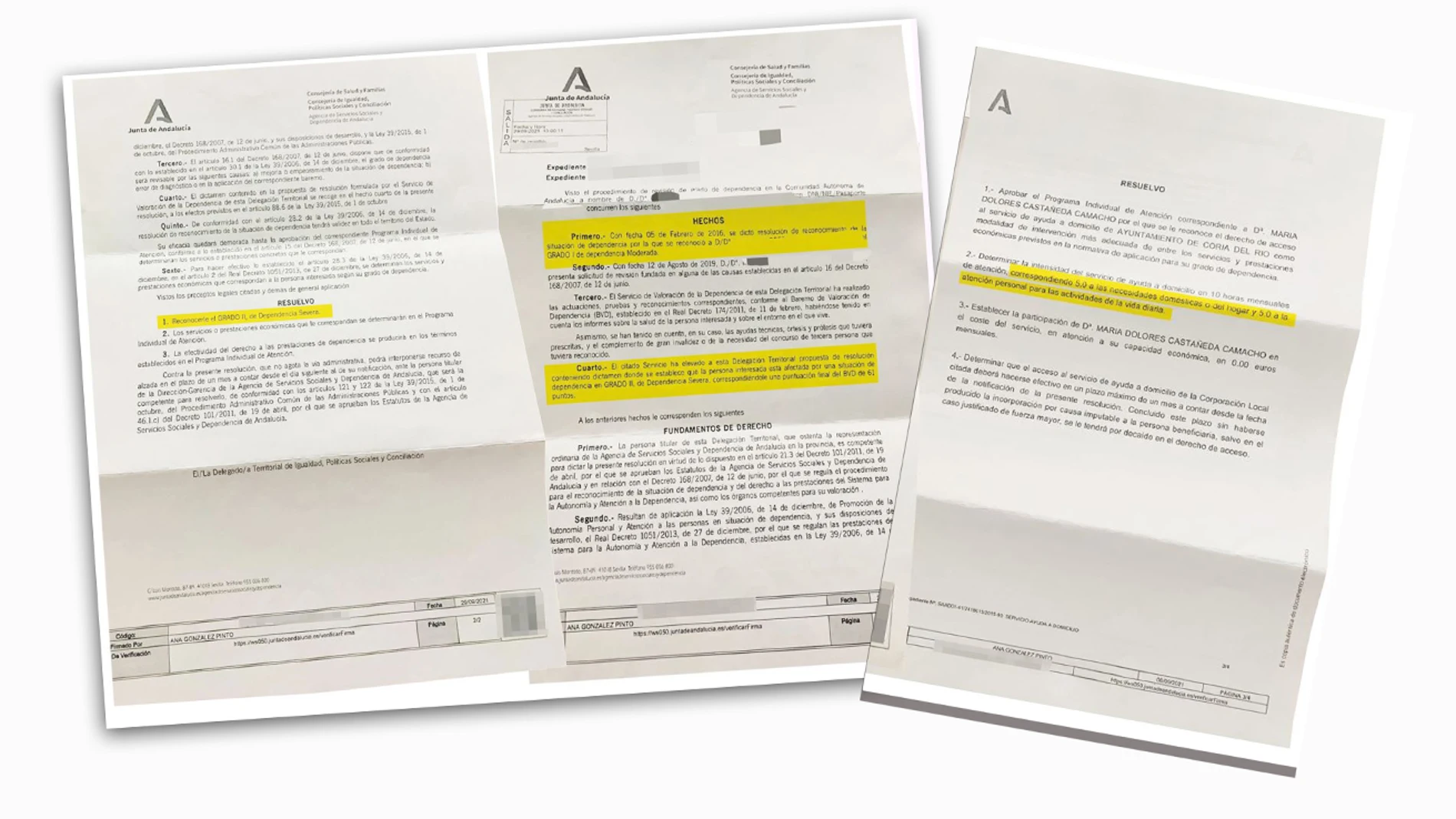 Los documentos de la Junta de Andalucía en los que se aprueba el grado II de dependencia de Loli, que fue concedido el 19 de septiembre de 2021. El grado I se le otorgó en 2016 y nunca recibió la ayuda