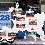 Valores del Ibex 35 en un mapa del Palacio de la Bolsa