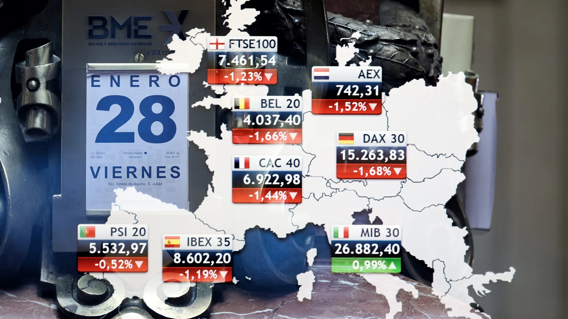Valores del Ibex 35 en un mapa del Palacio de la Bolsa