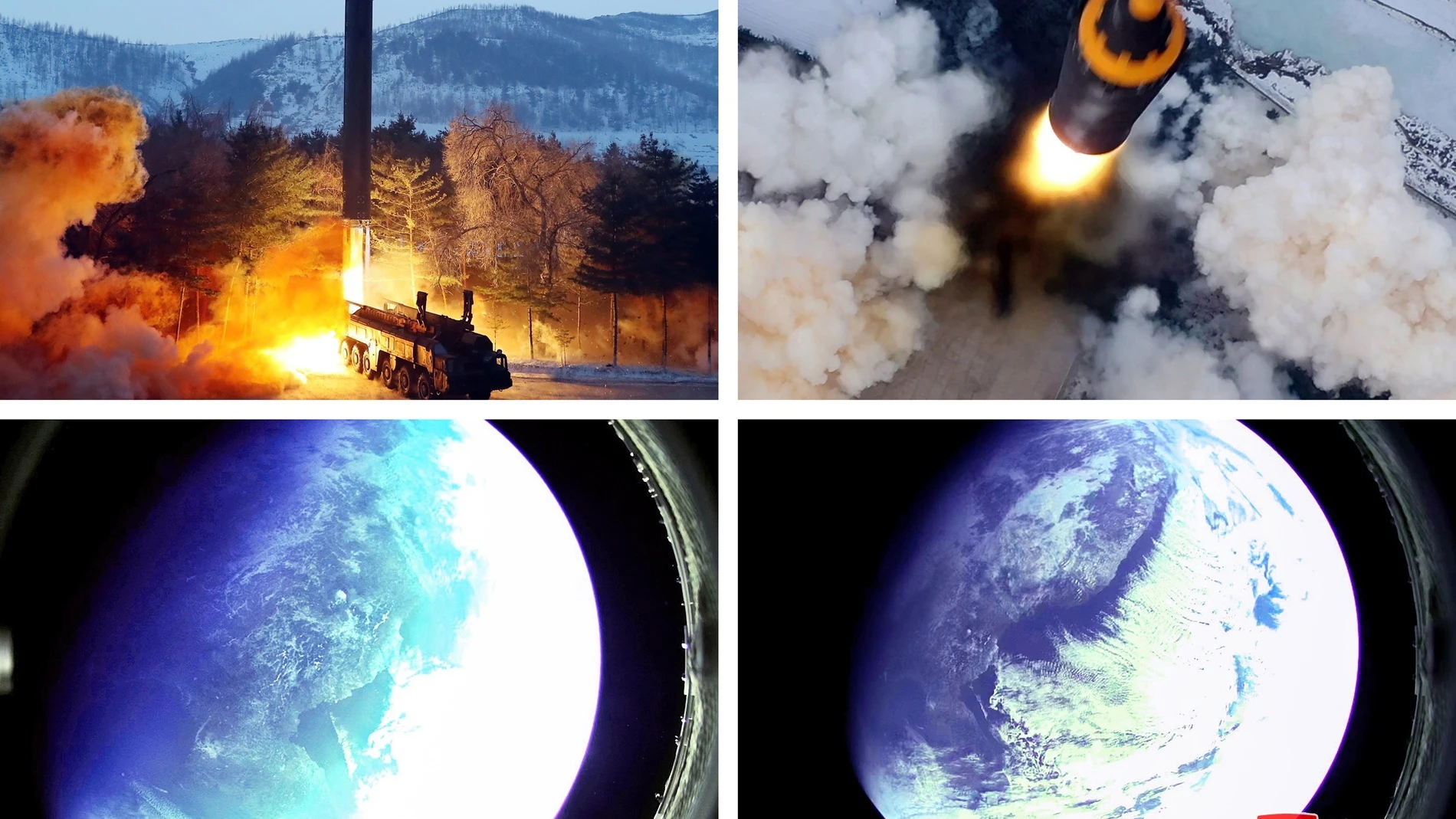 Una foto publicada por la Agencia Central de Noticias de Corea del Norte (KCNA) oficial de la prueba de fuego de evaluación del misil Hwasong 12-tipo tierra a tierra, un misil balístico de medio y largo alcance lanzado bajo un plan de la Academia de Ciencias de la Defensa. El captó estas fotos desde el espacio