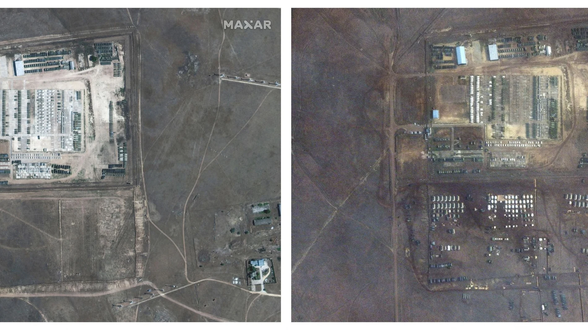Una foto combinada muestra los despliegues militares en Novoozernoye, Crimea, en esta imagen del satélite Maxar