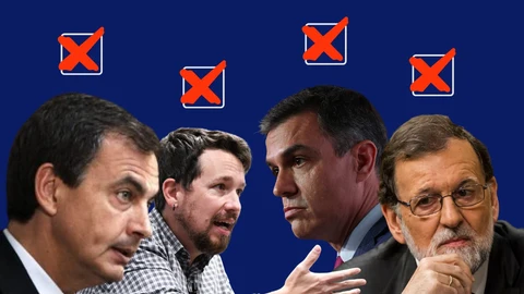 Imagen de José Luis Rodríguez Zapatero, Pablo Iglesias, Pedr Sánchez y Mariano Rajoy