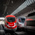 Un tren de iryo, compañía que empezará a operar en la segunda mitad de año en España, junto a otro de Renfe en Sevilla
