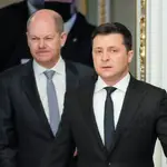 El canciller Scholz y el presidente Zelenski, ayer en Kiev