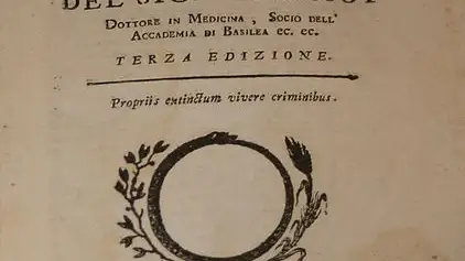 Edición italiana del libro de Samuel Auguste André David Tissot de 1785 "Tratado sobre las enfermedades producidas por el onanismo" | Fuente: Museo Eros de Venecia.